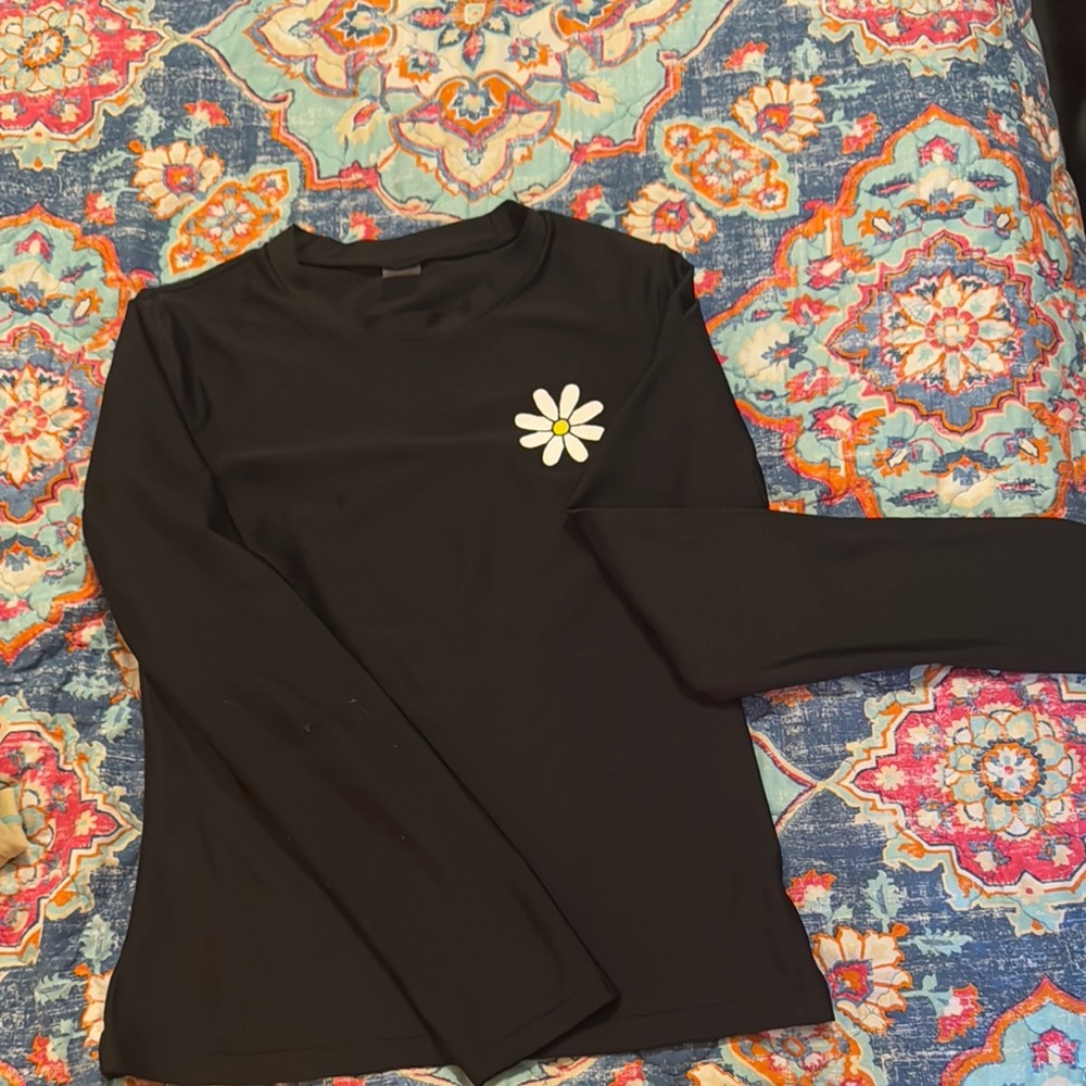 Black Long Sleeve Rashguard with Daisy Patch